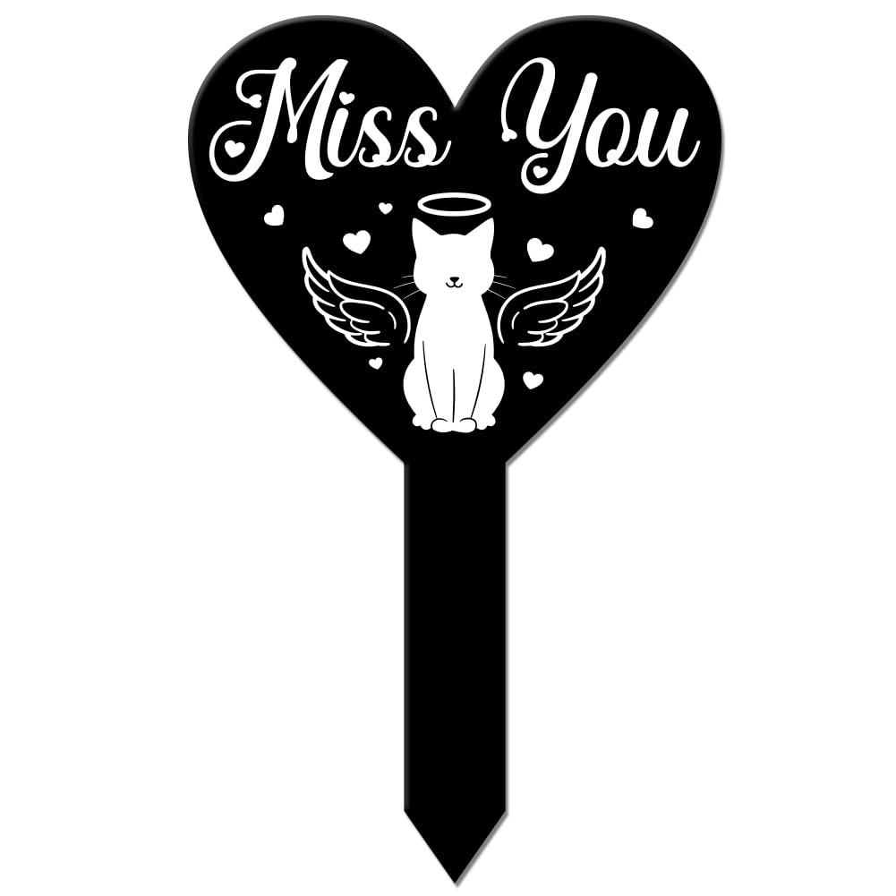 GLOBLELAND Heart Shaped Angel Cat Love Garden Stake Memorial Remembrance Plaque Stake for Cemetery Acrylic Grave Stake Waterproof Sympathy Garden Stake for Yard Grave Cemetery