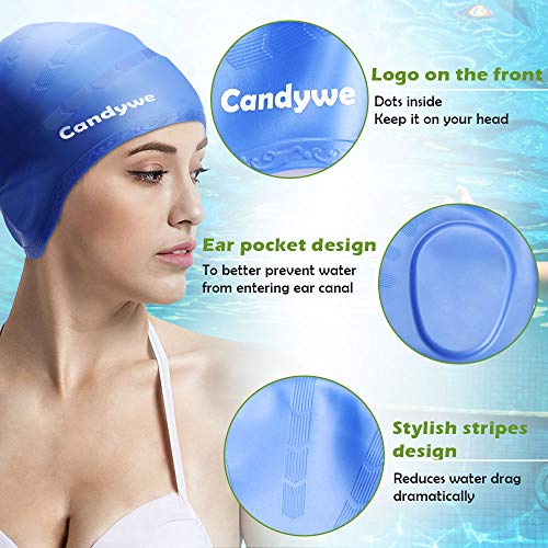 Candywe Swim Cap Cover Ears, Waterproof Silicone Bathing Swimming Cap,Swim Hat for Long Short Hair Women Men Kids Swimming Pool Caps with Nose Clip and Ear Plugs (Blue)