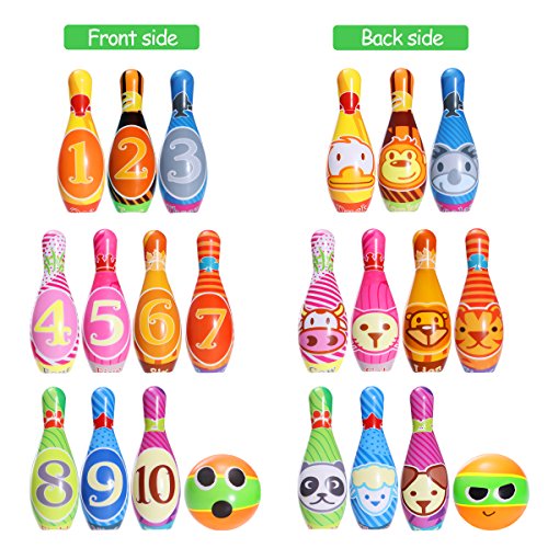 iBaseToy Kids Bowling Toy Set, Foam Ball Toys, Indoor Outdoor Bowling Games for Children / Toddlers / Boys / Girls for Early Development / Sport / Preschool (10 Pins & 2 Bowling)