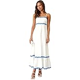 OBEEII Women Summer Dresses 2024 Vacation Boho Spaghetti Strap Backless Smocked Rickrack Trim Flowy A-line Maxi Sundress