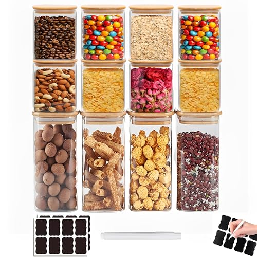 Beauenty Minimalist Square Glass Storage Containers with Lids, 12 Piece, 750ML, Pantry Organizers and Storage, Cereals, Cookies, Snacks, Nuts, Oats, Candy, Bath Salts, Spices, Sugar, Coffee