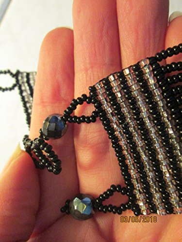 bracelet black silver multi strand statement wide flat bracelet hand loom beaded design fair trade beadwork seed beads elegant striped ethnic handmade