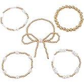 Sndperiexam 5 Pcs Gold Bow Bracelets for Women, Stretch Gold&White Beaded Pearl Bracelet Set Stackable Bead Ball Bracelet Accessories Gifts for Women Trendy Jewelry