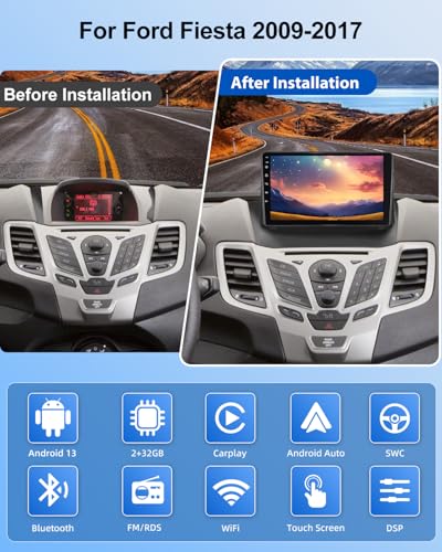 NHOPEEW 2+32G 9 Inch Android Radio for Ford Fiesta 2009-2017 – Wireless CarPlay & Android Car, GPS Navigation, Steering Wheel Control, FM RDS, Split Screen