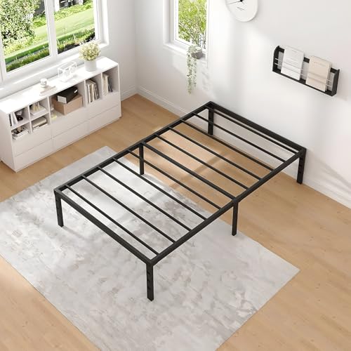 OSLIFE Base Cama Individual，18 Pulgadas de Altura ，Espacio de Almacenamiento Debajo de la Cama, con Agujeros en el Cabecero，Hierro Metálico Camas，Fácil de Montar, con Gran Capacidad de Carga