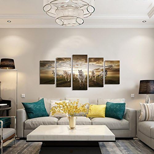 GEVES Framed 5 pcs Art Prints Pictures Running Horses Large HD Modern Decorative Paintings for Living Room