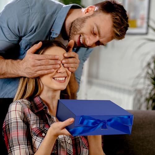 Shindel Magnetic Closure Lid Gift Box, Blue Luxury Gift Box Closure Collapsible Gift Box with Ribbon Card Envelope for Anniversary Gift