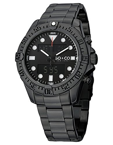 SO&CO New York Men's 5017.3 Yacht Club Analog Digital Alarm World Time Black Dial Stainless Steel Link Bracelet Watch