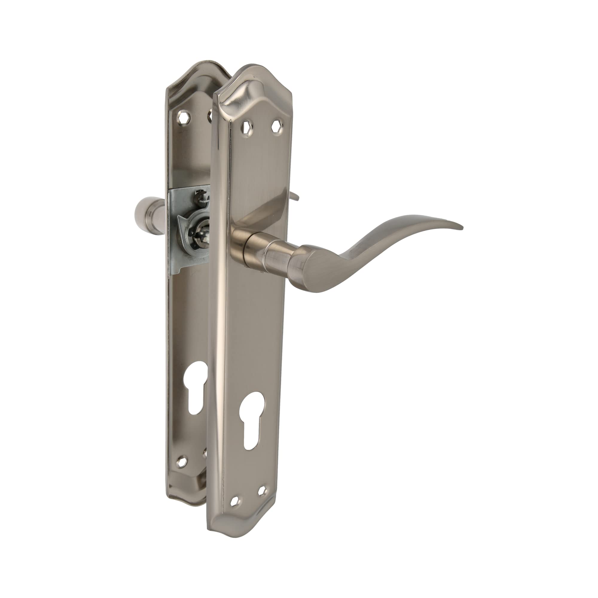 Amig - Silver Plated Brass Door Handle Set - Matt Chrome Plated with Key - Ideal for Interior and Exterior Doors with Comfortable, Elegant and Timeless Crankset - 256 x 48 mm