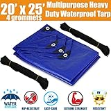 20'x25' Heavy Duty Waterproof Tarps - Multi-Purpose Blue Tarpaulin with 4 Grommets, Reinforced Edges and Nylon Paracord for Outdoor Rain Shelter, Ground Cover, Boat, RV or Pool Cover