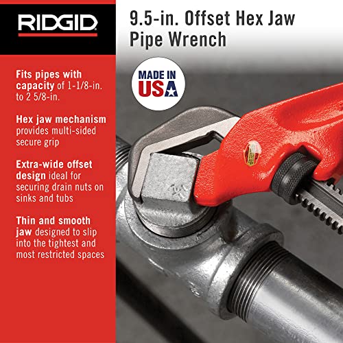 RIDGID 31305 Model E110 9.5" Offset Hex Jaw Pipe Wrench, Red, Made in