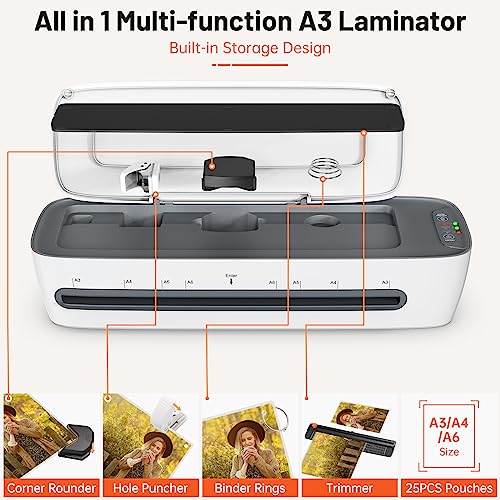 Laminator, Buyounger Laminator A3 A4 A5 A6 Cold/Hot Mode with 25 Pockets, 60s Fast Heating Laminating Machine, Anti-Overheating/Auto Shutdown/ABS Laminating Machine for Home/School/Office