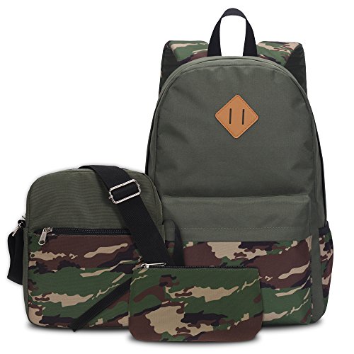 Hynes Eagle Unisex Casual Backpacks Set 3 Pieces Shoulder School Bags Army Green