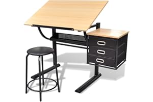 vidaXL Tiltable Tabletop Drawing Table with Stool - Rectangular Design, Three Storage Drawers, Study Table, Writing Desk, Multi-Purpose Tray Table Chest of Drawers