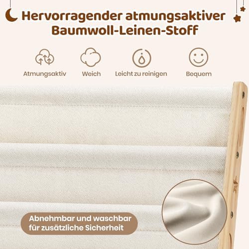 Kinderbücherregal Montessori – Bücherregal Kinder mit 6 Stofffächern, frontal offenes Bücher-Display aus Kiefernholz, Kinderregal für Kinderzimmer & Leseecke, Naturholz, 42 x 30 x 76 cm