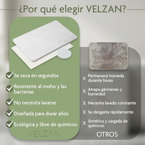 VELZAN Diatomite Bath Mat 60 x 40 cm – Non-Slip, Quick-Drying, Absorbent – Versatile for Bathroom, Kitchen and More. Stone Bath Mat.