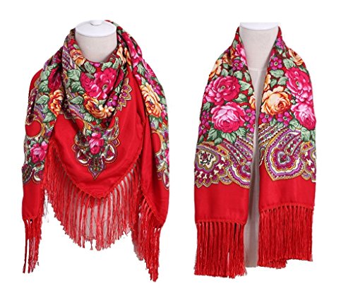 COSAUG Traditional Ukrainian Scarf and Wrap With Tassel Pavlovo Posad Shawl For Women Square Size (Red)