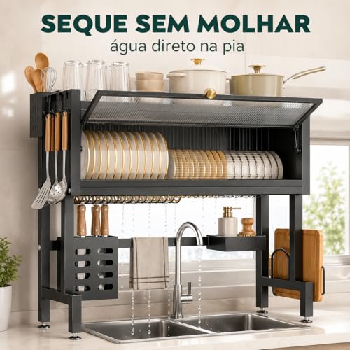 Laruno Escorredor de Louça Suspenso 75cm Preto Organizador de Pia Cozinha com Porta Pratos, Copos, Talheres, Utensílios e Escova de Limpeza