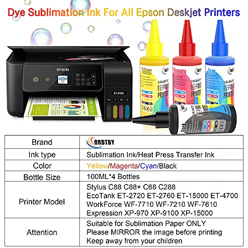 ORDTBY Sublimation Ink Refilled Kit for Epson Inkjet Printer, AntiUV