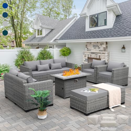 Rattaner 7-Piece Outdoor Furniture Sets Patio Furniture Set with 45-inch Fire Pit Patio Couch Outdoor Chairs 60000 BTU Propane Fire Pit Table with Non-Slip Cushions Waterproof Covers, Light Grey