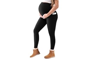 Walifrey Women's Maternity Fleece Lined Leggings with Pockets Over The Belly,Thermal Pregnancy Yoga Pants