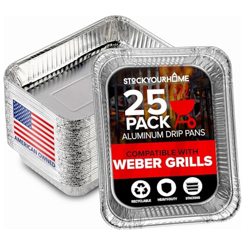 Stock Your Home 2” Aluminum Drip Pan (25 Count) Disposable Foil Liner, Compatible with Weber Grills, Dripping Pans, BBQ Grease Tray to Catch Oil, Outdoor Weber Grill Accessories