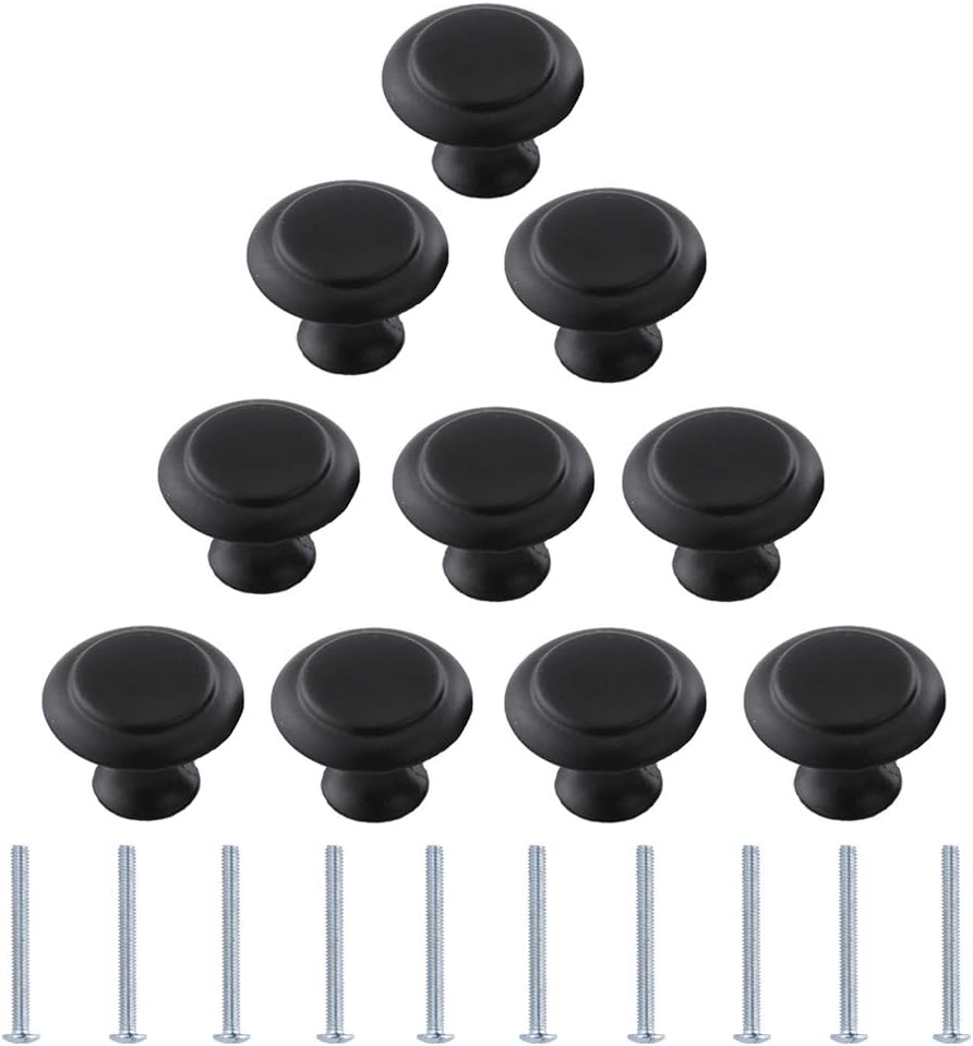 Kalolary 10 Pack Flat Black Kitchen Knobs 1 Inch Ringed