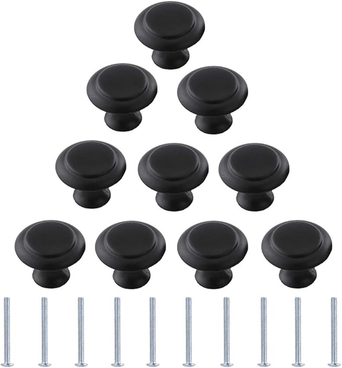 Kalolary 10 Pack Flat Black Kitchen Knobs 1 Inch Ringed