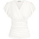 GRACE KARIN Womens Tops Dressy Casual Ruffle Sleeve Wrap Blouses | V Neck, Ruched Waist, Trendy Work Shirts, 2026 Summer Business Clothes