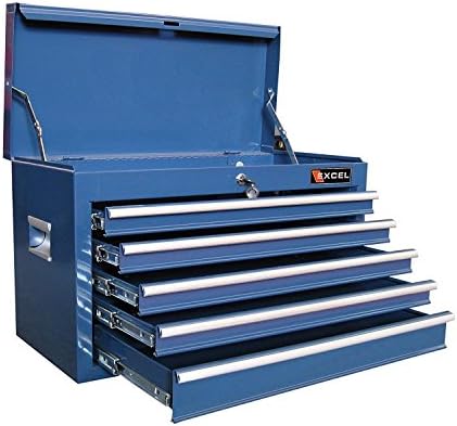 Top Seller Highest Rated 5 Drawer 26" Steel Reinforced Professional Tool Box Organizer Blue- Ball Bearing Sliding Heavy Duty Locking Drawers With Full Length Handles- Powder Coated Corrosion Free