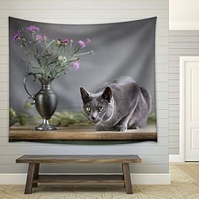 Still-Life with Flowers and Russian Blue Cat - Fabric Wall Tapestry Home Decor - 51x60 inches