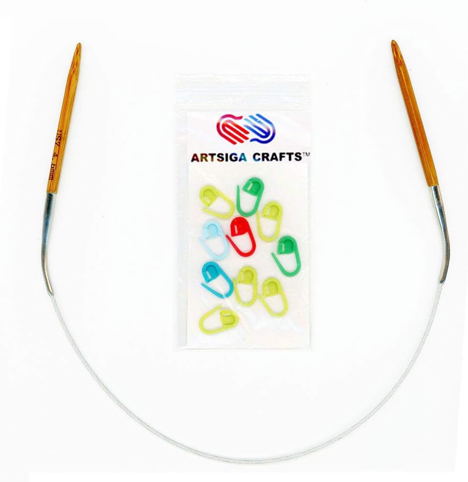 Artsiga Crafts Natures Bamboo Circular Knitting Needle Size 5.00mm/US 8 Tip-to-Tip Length 16 inches Metal Cable with 10 Stitch Markers and Resealable Pouch