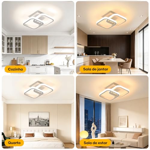 Trailabo Luminária LED de Teto, Duas Luminária Quadrado + Duas Fitas de Luz Circulares, Iluminação Ajustável em Três Cores, para Sala e Quarto, 3000-6000K (Branco)