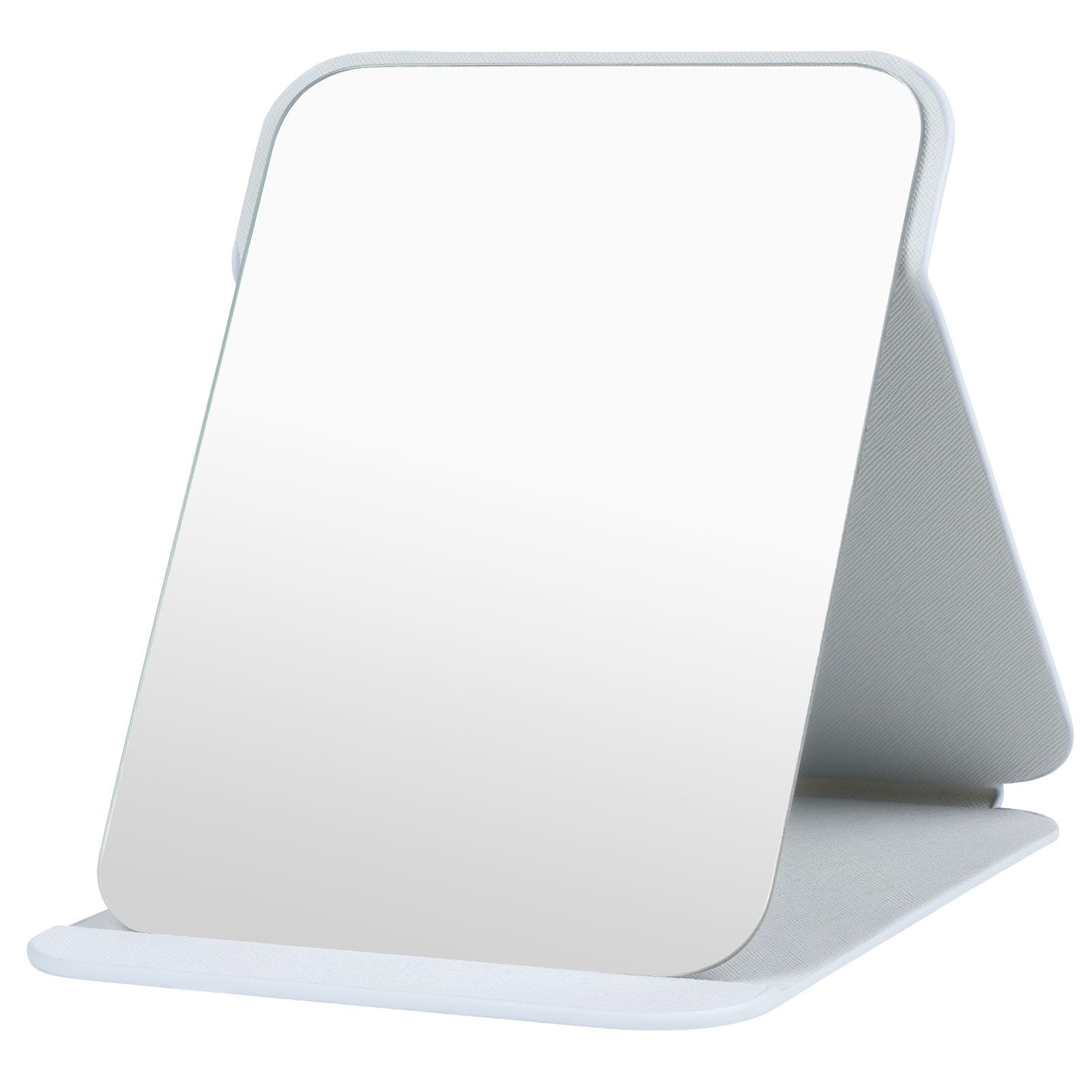 OSDUE Folding Tabletop Mirror, 20.5 * 15.5cm White PU Leather Portable Travel and Desktop Vanity Mirror with Stand for Office Desk, Vanity Table, Camping