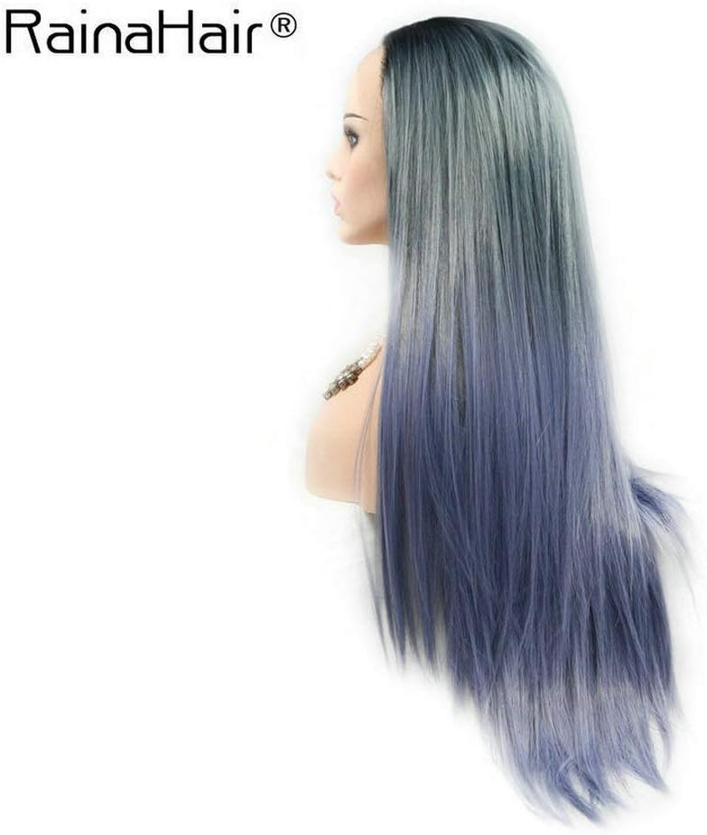 Natural Straight Dark Roots to Blue Lace Front Wigs for Women Heat Resistant Synthetic Wig Glueless Hair Flawless Hairline Party Use 24inch… (Ombre Blue) - Image 4