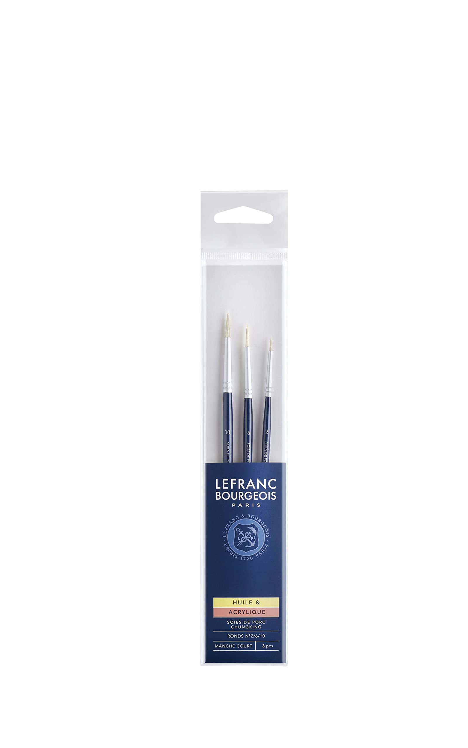 Lefranc Bourgeois – Set of 3 Brushes, Boar Bristles, Short Handle Short Sleeve Rond N°2/6/10