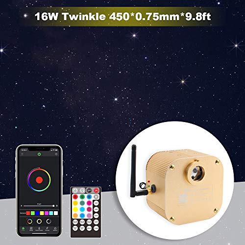 CHINLY Bluetooth Twinkle 16W RGBW APP/Remote LED Fiber Optic Star Ceiling Lights Kit 450pcs 0.75mm 9.8ft Optical Fiber+5 Crystals