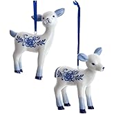 The Bridge Collection Delft Blue and White Deer Ornaments - Set of 2 - Porcelain Floral Baby Deer Ornaments for Holiday Decor - Floral Fawn Christmas Accents