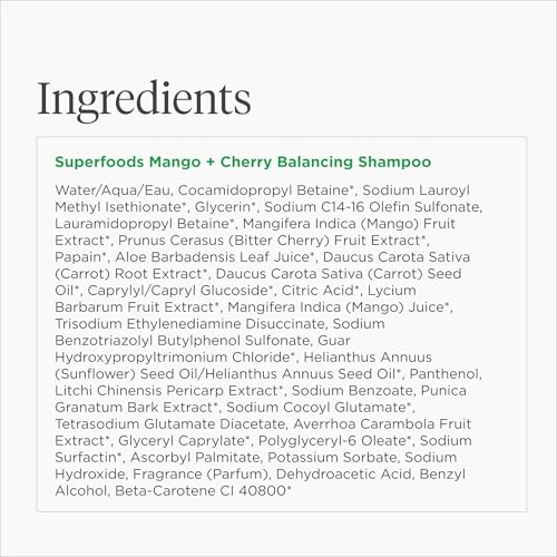 BRIOGEO SUPERFOODS MANGO + CHERRY BALANCING SHAMPOO, REPLENISH DULL, DRY HAIR AND BALANCE OIL FOR OILY HAIR, CONTROLS OIL AND NOURISHED ALL HAIR TYPES AND TEXTURES, VEGAN, CRUELTY-FREE, 12.5 FL OZ