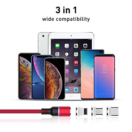 3 in 1 Magnetic Charging Cable 360Â°Rotate Braided Cable with Compatible for iOS, USB-C and Micro USB ï¼ŒFast Charge and Date Transfer (red)