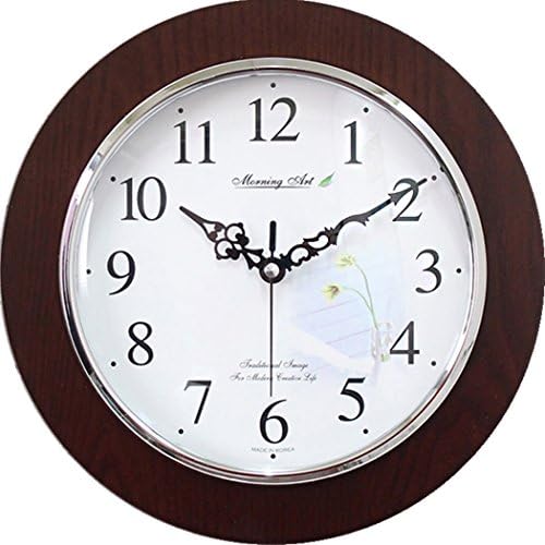 Decorative Analog Wall Clock Silent Battery Operated Modern Quartz Round Wall Clock Simple for Home, Office, Bedroom, 10", Lily, White, Dark Brown Frame