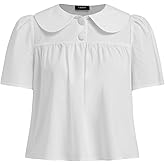 CIDER Peter Pan Collar Shirt Blouse for Women Going Out Tops Short Sleeve Shirt Solid Casual Summer Tops