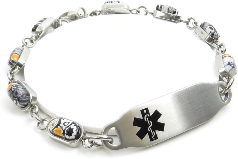 MyIDDr - Engraved Bee Sting Allergy Bracelet, Black/White Flower Pattern