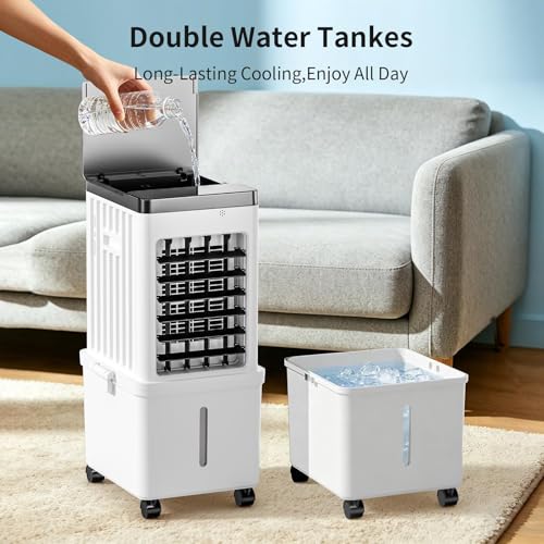 Portable Air Conditioner, Evaporative Air Cooler Fan with 10L Removable Water Tank, 3-in-1 Quiet Cooling with 4 Ice Packs & Timer, Low Noise Swamp Cooler for Home Bedroom Office