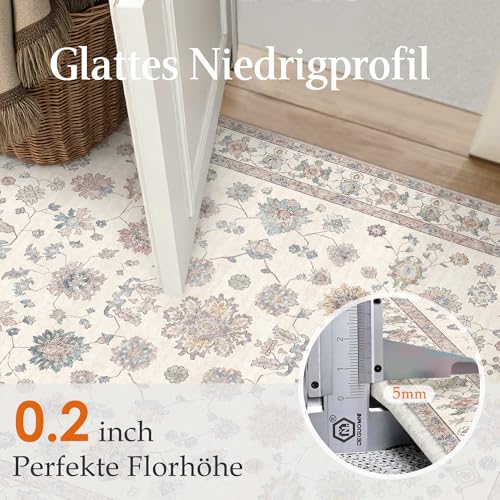 PureCozy Vintage Rug Living Room 16 x 230 cm Beige Large Room Washable in Washing Machine Non-Slip Rugs Bedroom Living Room Dining Kitchen Foot Bed Carpet Short Hair Rug
