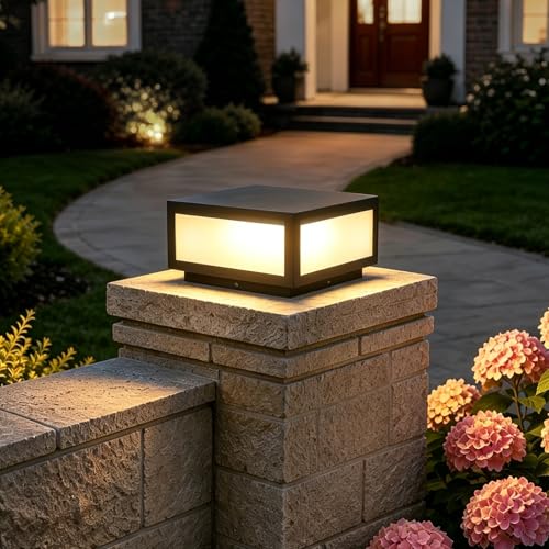 SLAWA Outdoor Post Caps Light With Pier Mount Base Column Cap Lamps Black Waterproof Pole Lantern Light Fixture Square Exterior Pillar Lamp Outdoor Lighting Aluminum Landscape Light For Path Lawn Yard