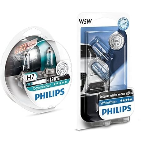 Philips X-tremeVision +130% 12972XV+S2 Scheinwerferlampe, H7, 2er-Set + Philips WhiteVision Xenon-Effekt W5W Scheinwerferlamp