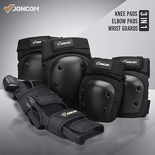 Set of knee, elbow, and wrist guards in black color, suitable for sports protection.