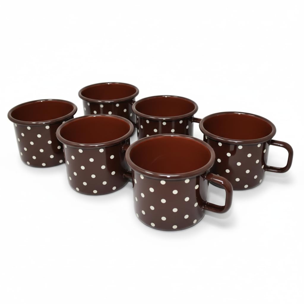 Madacha 6 x 500ml Chocolate Brown Polka Dot Enamel Metal Mugs