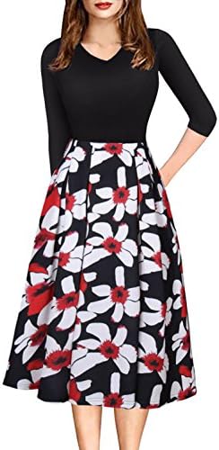 Women's Vintage Patchwork Pockets V Neck Half Sleeve Casual Swing Dress (Meduim, Black)